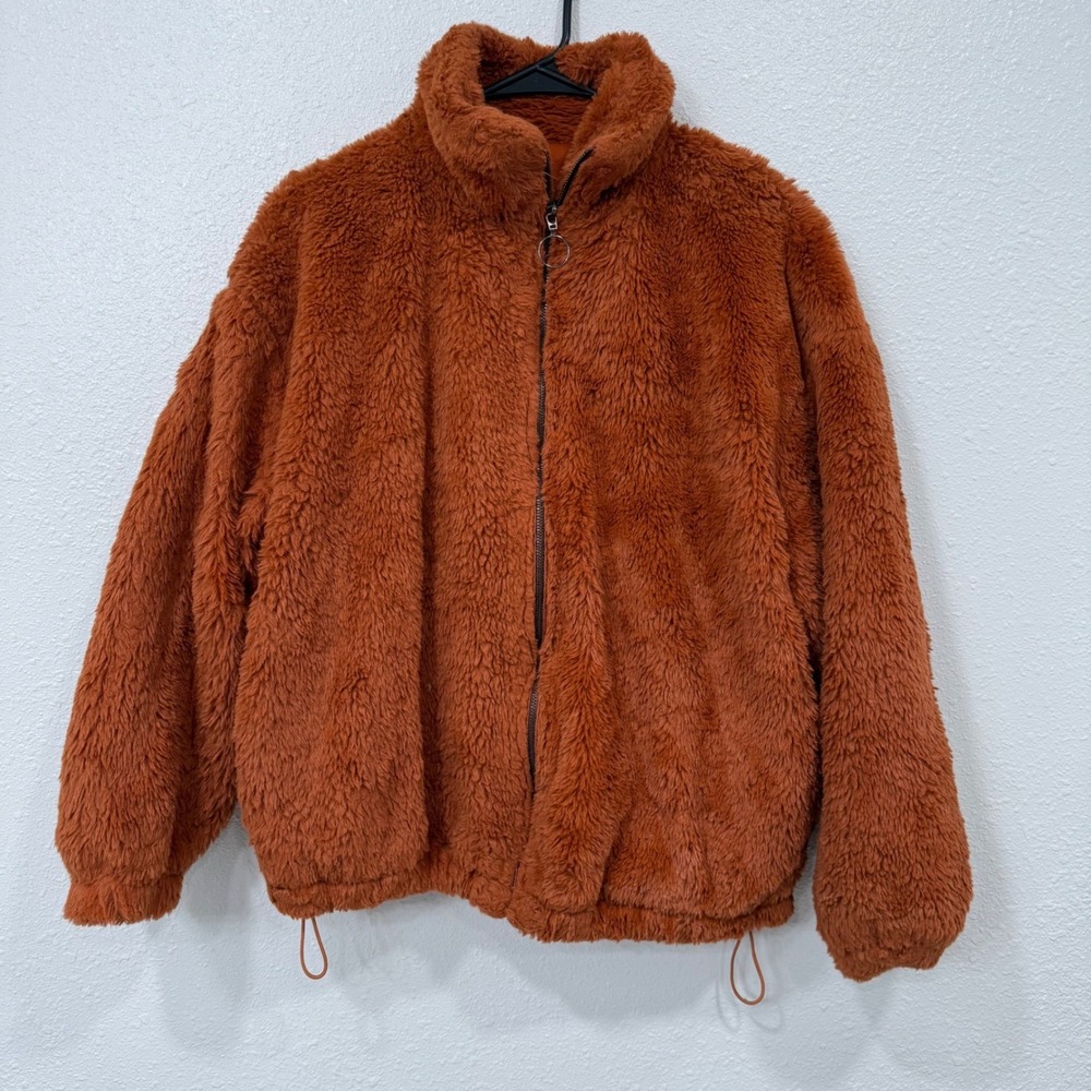 Angel Kiss Women Sherpa Fleece Jacket Rust Orange Full Zip Mock Neck Size L